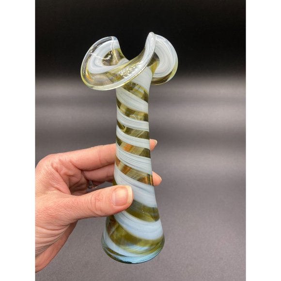 Blue Yellow and Clear Striped Art Glass Calla Lily Swirl Vase - 6.50 Tall - Picture 6 of 9